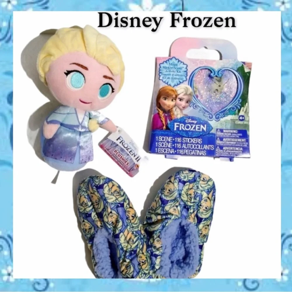 Disney Slippers Frozen Elsa Doll Luxury Plush Slippers Sticker Set Size 13-2 M/L
